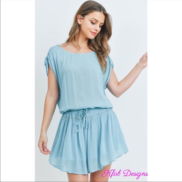 Lace Detail Drawstring Waist Sky Blue Dress - Picture 4 of 6